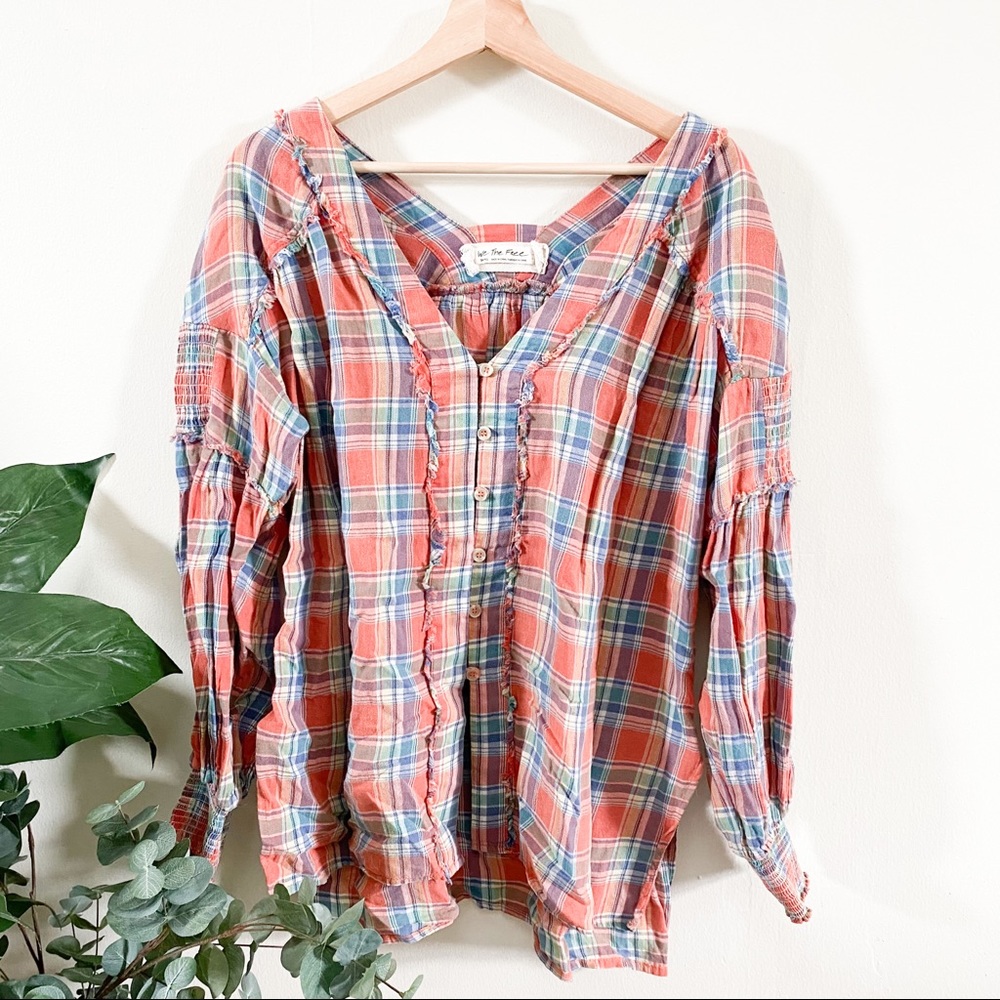 We The Free Plaid Flowy Top with ruffle design